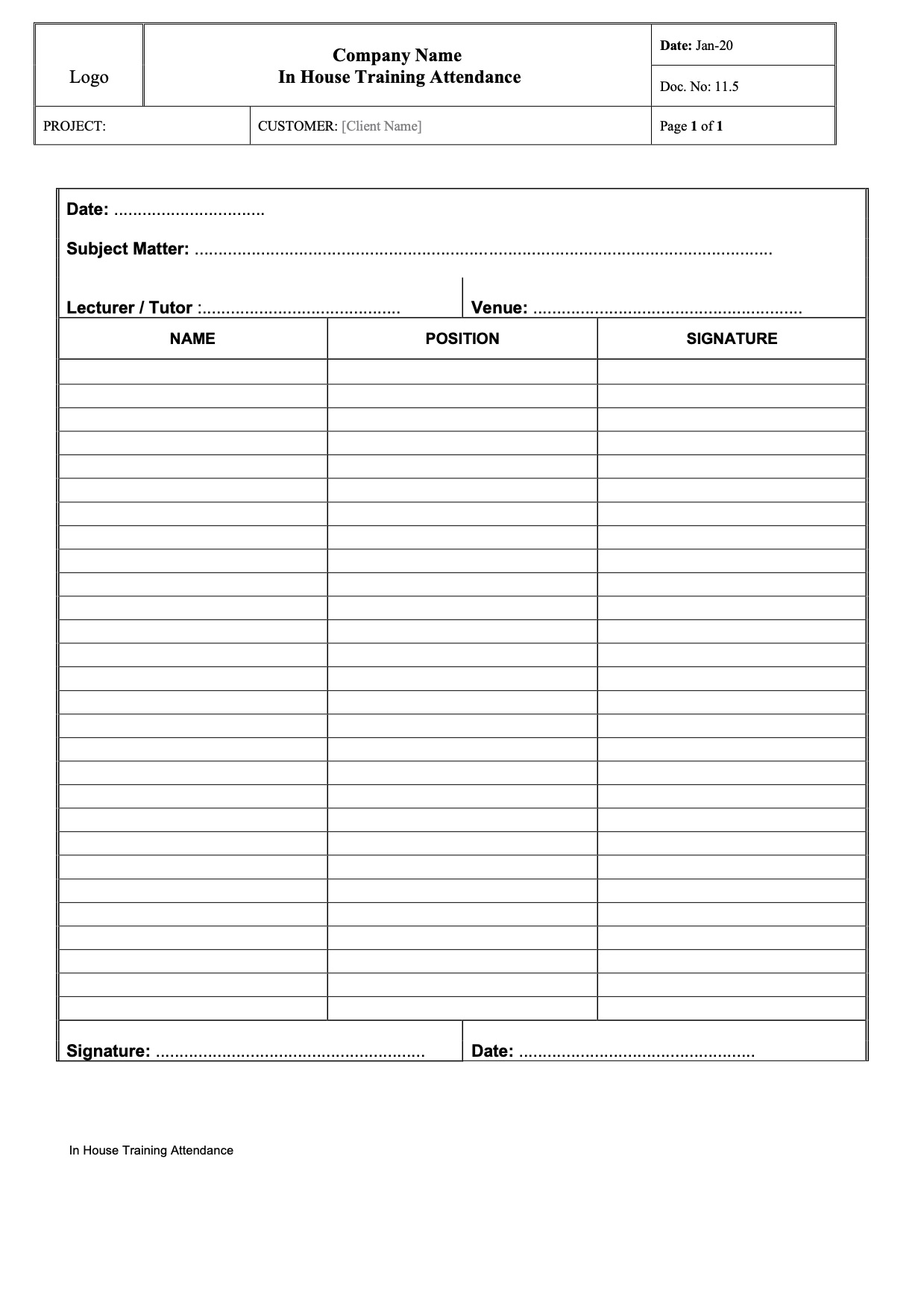 CT050 -In-House Training Attendance Sheet